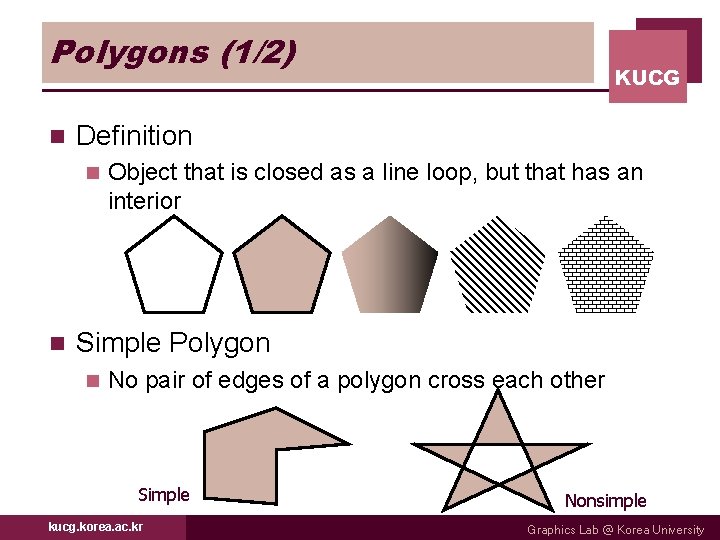 Polygons (1/2) n Definition n n KUCG Object that is closed as a line