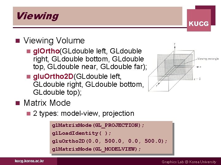 Viewing n KUCG Viewing Volume gl. Ortho(GLdouble left, GLdouble right, GLdouble bottom, GLdouble top,