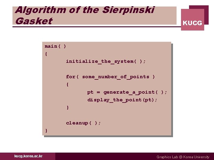 Algorithm of the Sierpinski Gasket KUCG main( ) { initialize_the_system( ); for( some_number_of_points )