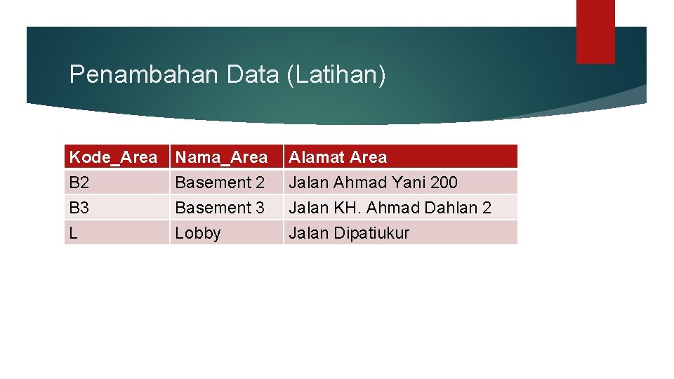 Penambahan Data (Latihan) Kode_Area B 2 B 3 L Nama_Area Basement 2 Basement 3