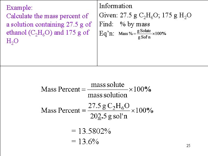 Example: Calculate the mass percent of a solution containing 27. 5 g of ethanol