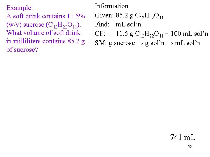 Example: A soft drink contains 11. 5% (w/v) sucrose (C 12 H 22 O