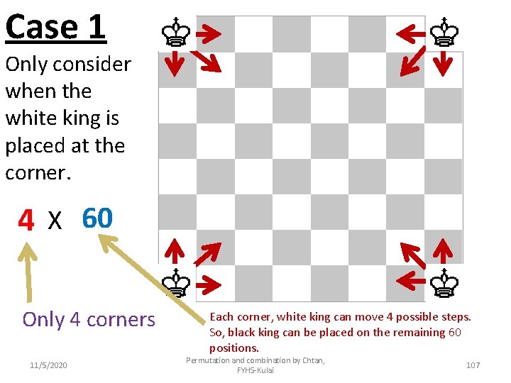 Case 1 Only consider when the white king is placed at the corner. 4