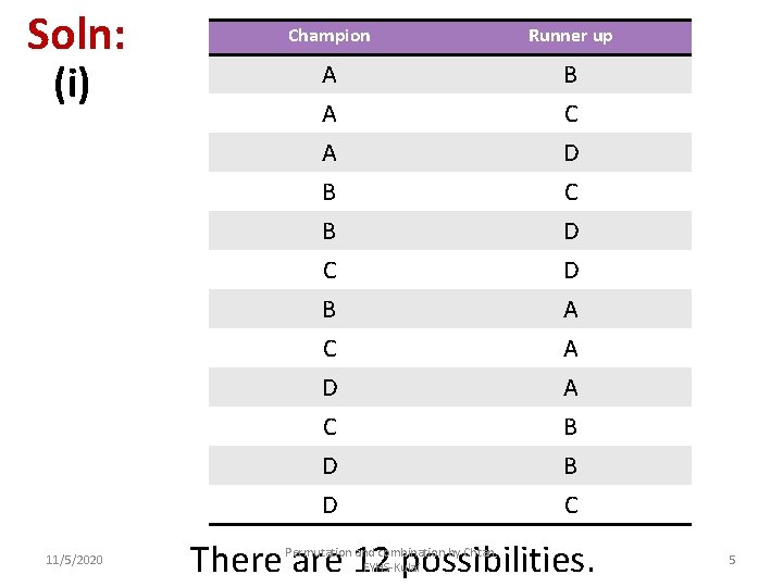 Soln: (i) 11/5/2020 Champion Runner up A A B C A D B B