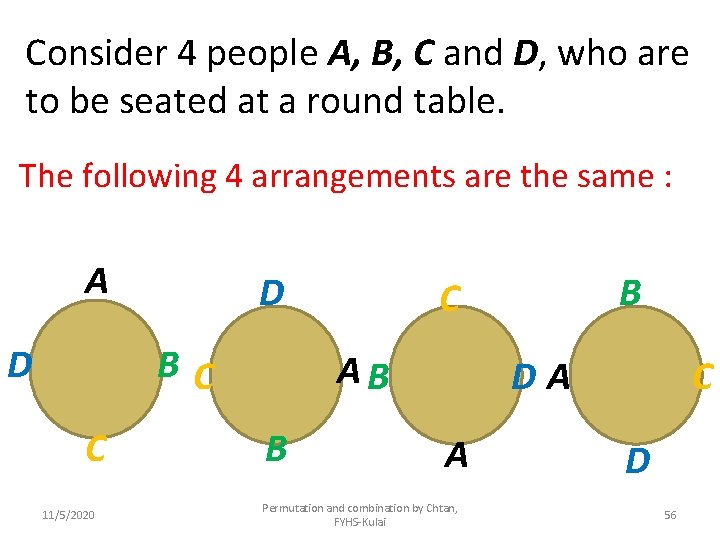 Consider 4 people A, B, C and D, who are to be seated at