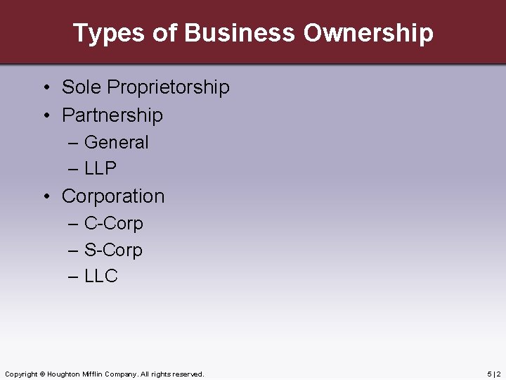 Types of Business Ownership • Sole Proprietorship • Partnership – General – LLP •