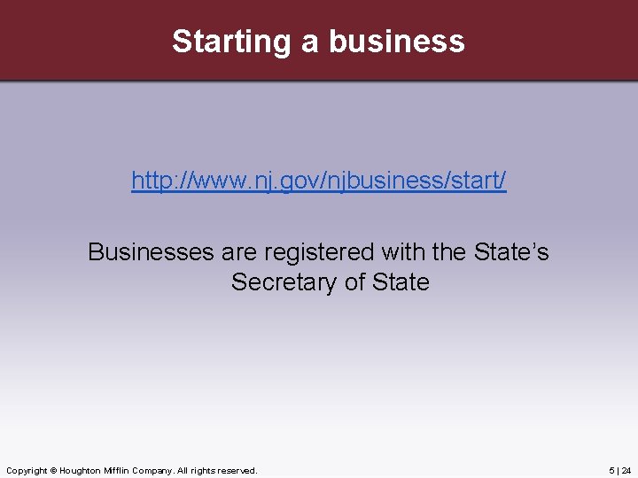 Starting a business http: //www. nj. gov/njbusiness/start/ Businesses are registered with the State’s Secretary