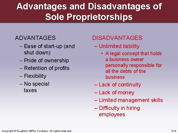 Advantages and Disadvantages of Sole Proprietorships ADVANTAGES – Ease of start-up (and shut down)