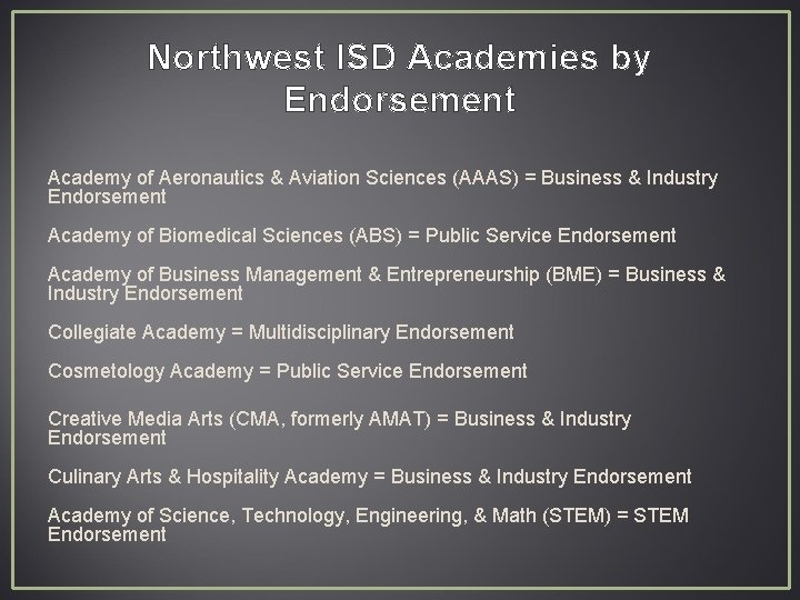 Northwest ISD Academies by Endorsement Academy of Aeronautics & Aviation Sciences (AAAS) = Business