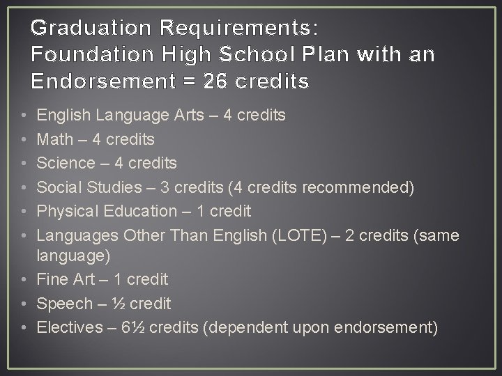 Graduation Requirements: Foundation High School Plan with an Endorsement = 26 credits • •