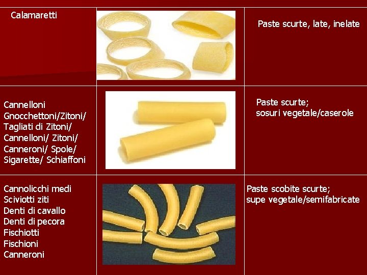 Calamaretti Cannelloni Gnocchettoni/Zitoni/ Tagliati di Zitoni/ Cannelloni/ Zitoni/ Canneroni/ Spole/ Sigarette/ Schiaffoni Cannolicchi medi