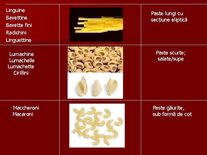 Linguine Bavette fini Radichini Linguettine Lumachelle Lumachette Cirillini Maccheroni Macaroni Paste lungi cu secţiune