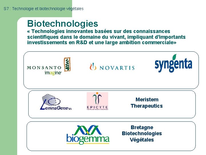 S 7 : Technologie et biotechnologie végétales Biotechnologies « Technologies innovantes basées sur des