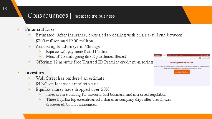 13 Consequences | Impact to the business ▸ Financial Loss ▹ Estimated: After insurance,