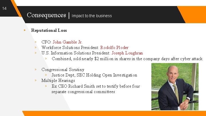 14 Consequences | Impact to the business ▸ Reputational Loss ▹ ▹ ▹ CFO: