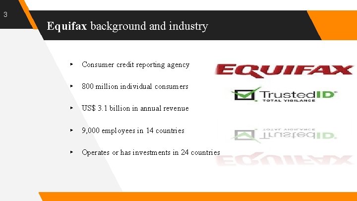 3 Equifax background and industry ▸ Consumer credit reporting agency ▸ 800 million individual