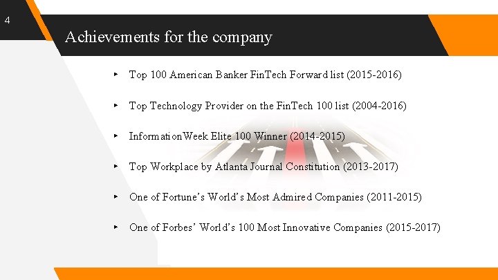 4 Achievements for the company ▸ Top 100 American Banker Fin. Tech Forward list