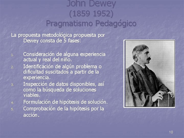 John Dewey (1859 1952) Pragmatismo Pedagógico La propuesta metodológica propuesta por Dewey consta de