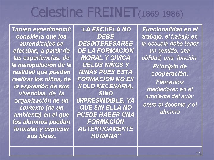 Celestine FREINET(1869 1986) Tanteo experimental: considera que los aprendizajes se efectúan, a partir de