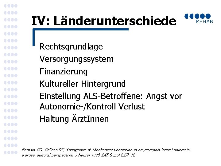 IV: Länderunterschiede Rechtsgrundlage Versorgungssystem Finanzierung Kultureller Hintergrund Einstellung ALS-Betroffene: Angst vor Autonomie-/Kontroll Verlust Haltung