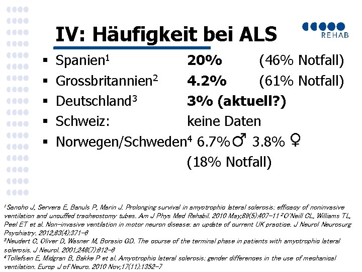 IV: Häufigkeit bei ALS § § § 1 Sancho Spanien 1 20% (46% Notfall)