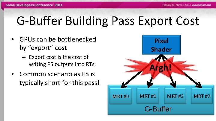 G-Buffer Building Pass Export Cost • GPUs can be bottlenecked by “export” cost Pixel