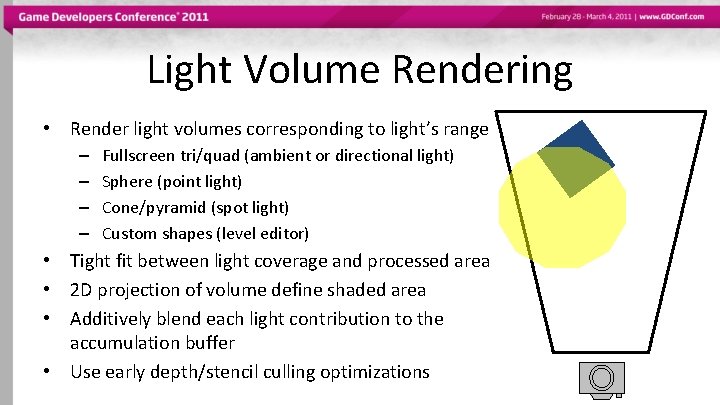 Light Volume Rendering • Render light volumes corresponding to light’s range – – Fullscreen