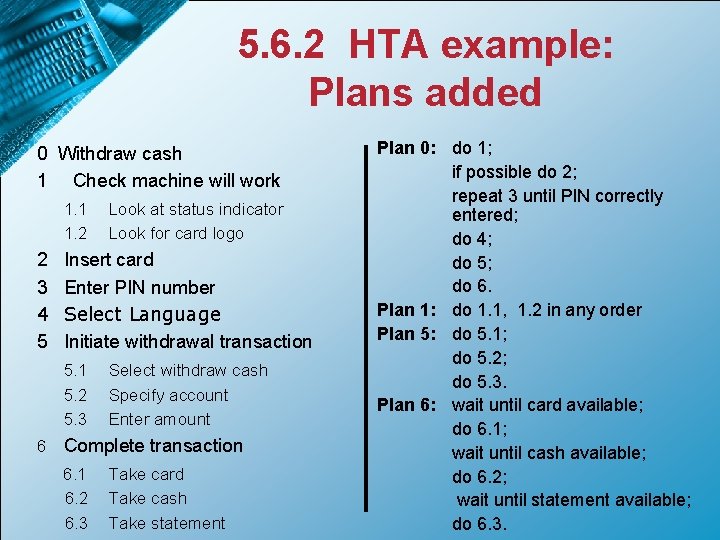 5. 6. 2 HTA example: Plans added 0 Withdraw cash 1 Check machine will
