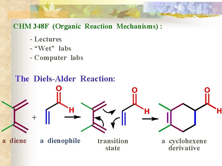 CHM 348 F (Organic Reaction Mechanisms) : - Lectures - “Wet” labs - Computer