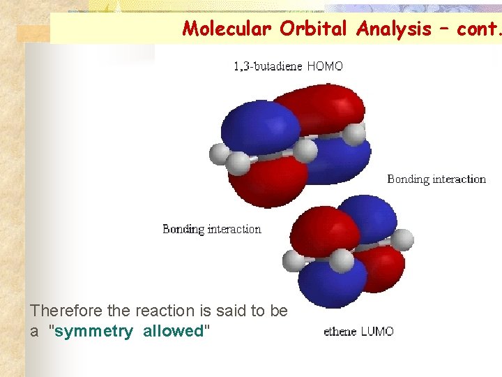 Molecular Orbital Analysis – cont. Therefore the reaction is said to be a "symmetry