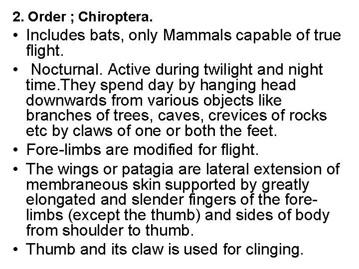 2. Order ; Chiroptera. • Includes bats, only Mammals capable of true flight. •