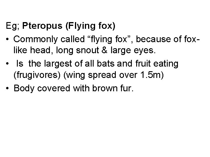 Eg; Pteropus (Flying fox) • Commonly called “flying fox”, because of foxlike head, long