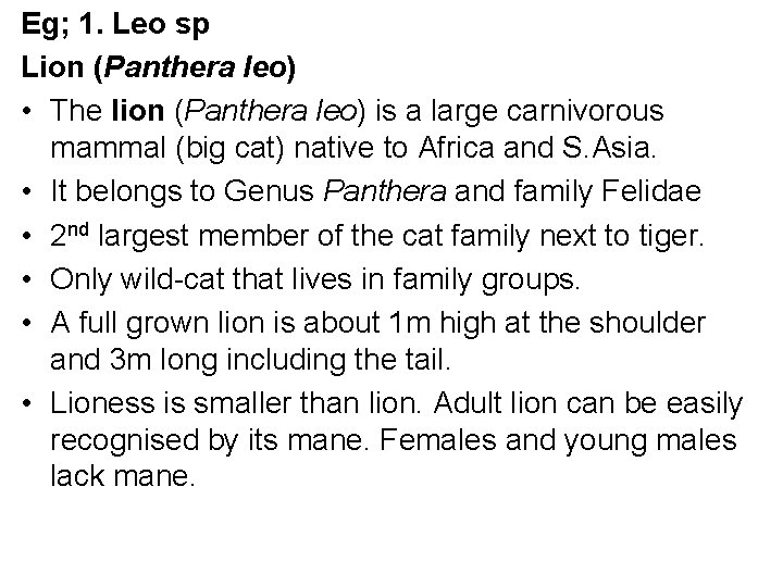 Eg; 1. Leo sp Lion (Panthera leo) • The lion (Panthera leo) is a