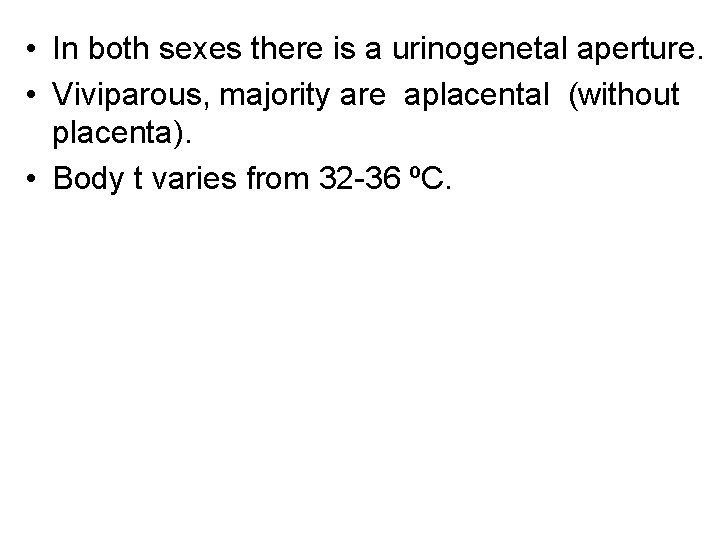  • In both sexes there is a urinogenetal aperture. • Viviparous, majority are