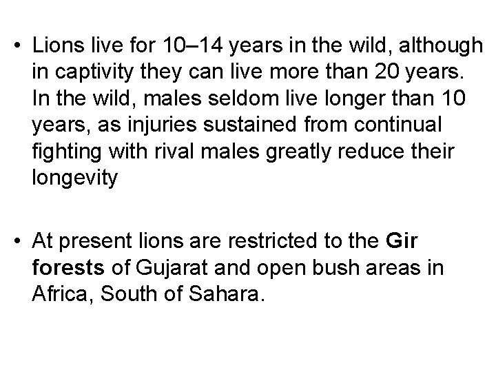  • Lions live for 10– 14 years in the wild, although in captivity