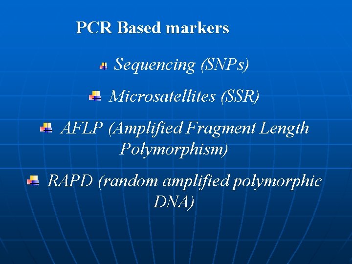 PCR Based markers Sequencing (SNPs) Microsatellites (SSR) AFLP (Amplified Fragment Length Polymorphism) RAPD (random PCR Based markers Sequencing (SNPs) Microsatellites (SSR) AFLP (Amplified Fragment Length Polymorphism) RAPD (random