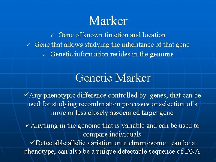 Marker Gene of known function and location Gene that allows studying the inheritance of Marker Gene of known function and location Gene that allows studying the inheritance of