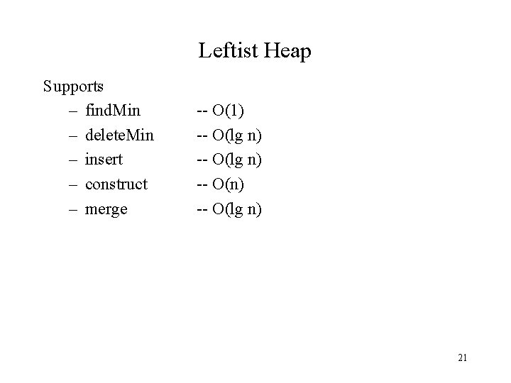 Leftist Heap Supports – find. Min – delete. Min – insert – construct –