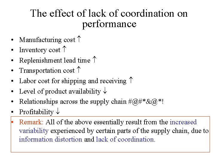 The effect of lack of coordination on performance • • • Manufacturing cost Inventory