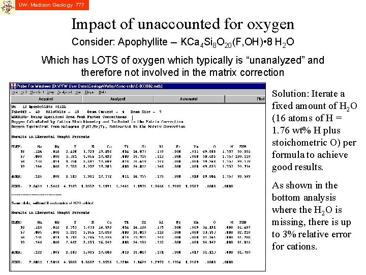 UW- Madison Geology 777 Impact of unaccounted for oxygen Consider: Apophyllite -- KCa 4