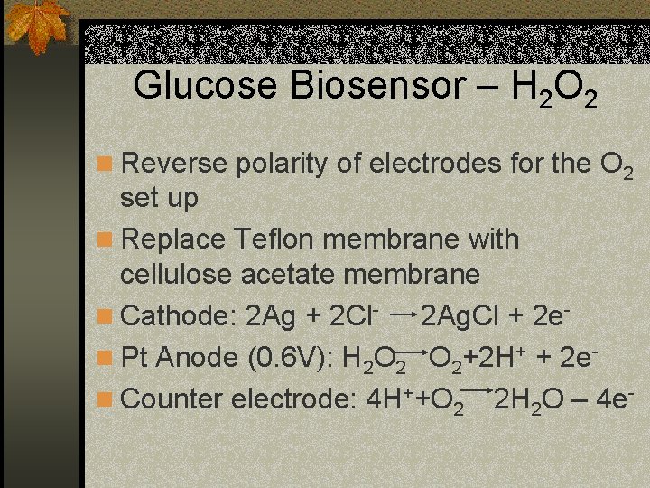 Glucose Biosensor – H 2 O 2 n Reverse polarity of electrodes for the