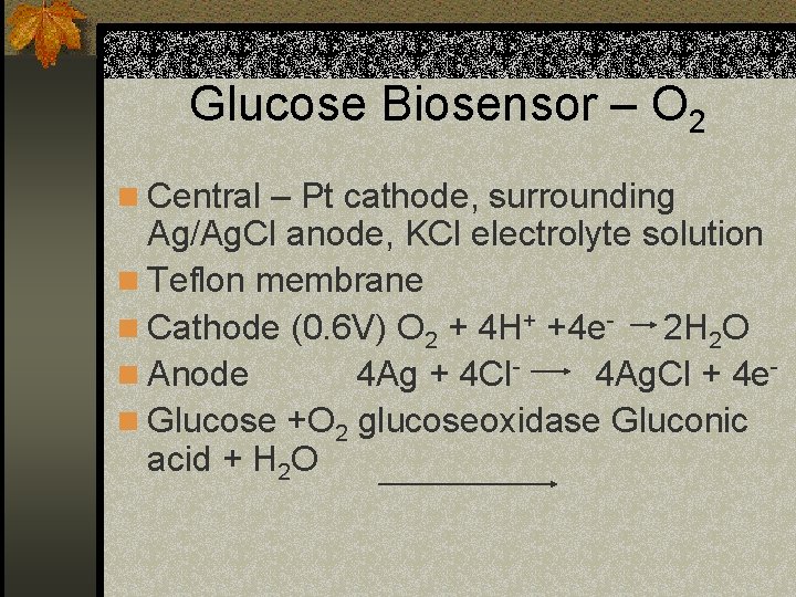 Glucose Biosensor – O 2 n Central – Pt cathode, surrounding Ag/Ag. Cl anode,