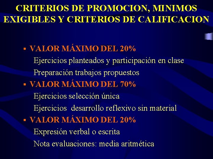 CRITERIOS DE PROMOCION, MINIMOS EXIGIBLES Y CRITERIOS DE CALIFICACION VALOR MÁXIMO DEL 20% Ejercicios