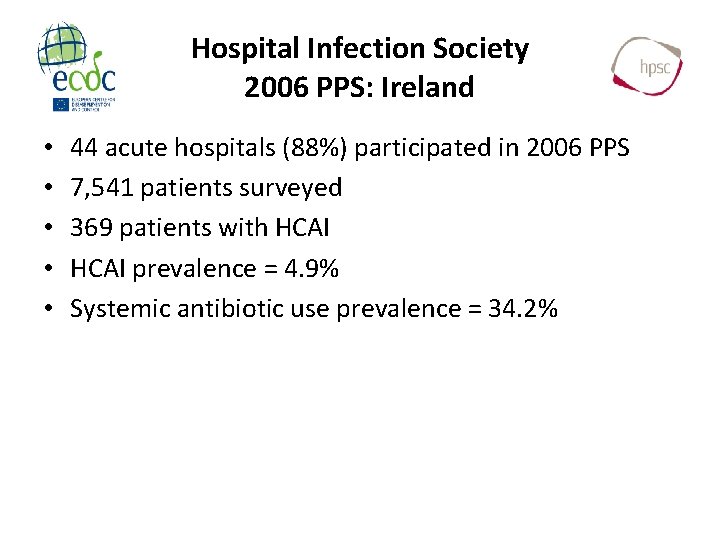Hospital Infection Society 2006 PPS: Ireland • • • 44 acute hospitals (88%) participated