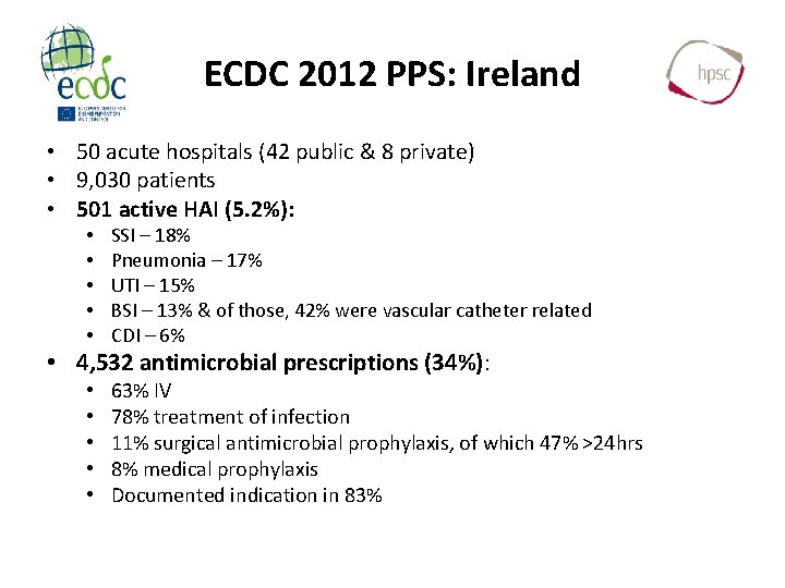 ECDC 2012 PPS: Ireland • 50 acute hospitals (42 public & 8 private) •