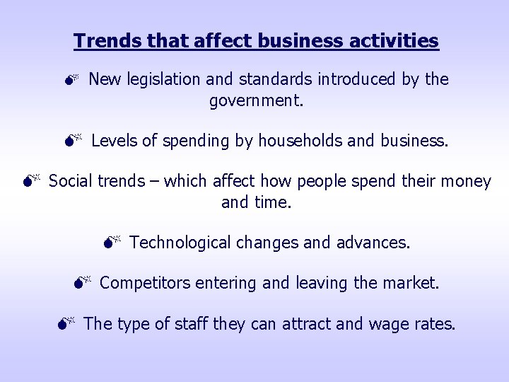 Trends that affect business activities M New legislation and standards introduced by the government.