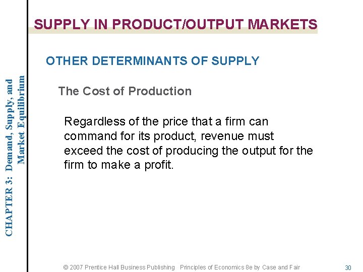 SUPPLY IN PRODUCT/OUTPUT MARKETS CHAPTER 3: Demand, Supply, and Market Equilibrium OTHER DETERMINANTS OF