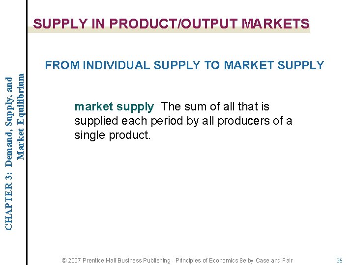 SUPPLY IN PRODUCT/OUTPUT MARKETS CHAPTER 3: Demand, Supply, and Market Equilibrium FROM INDIVIDUAL SUPPLY