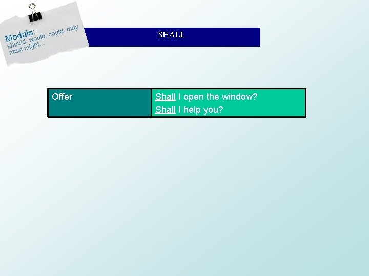 SHALL Offer Shall I open the window? Shall I help you? 