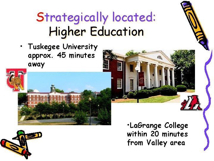 Strategically located: Higher Education • Tuskegee University approx. 45 minutes away • La. Grange